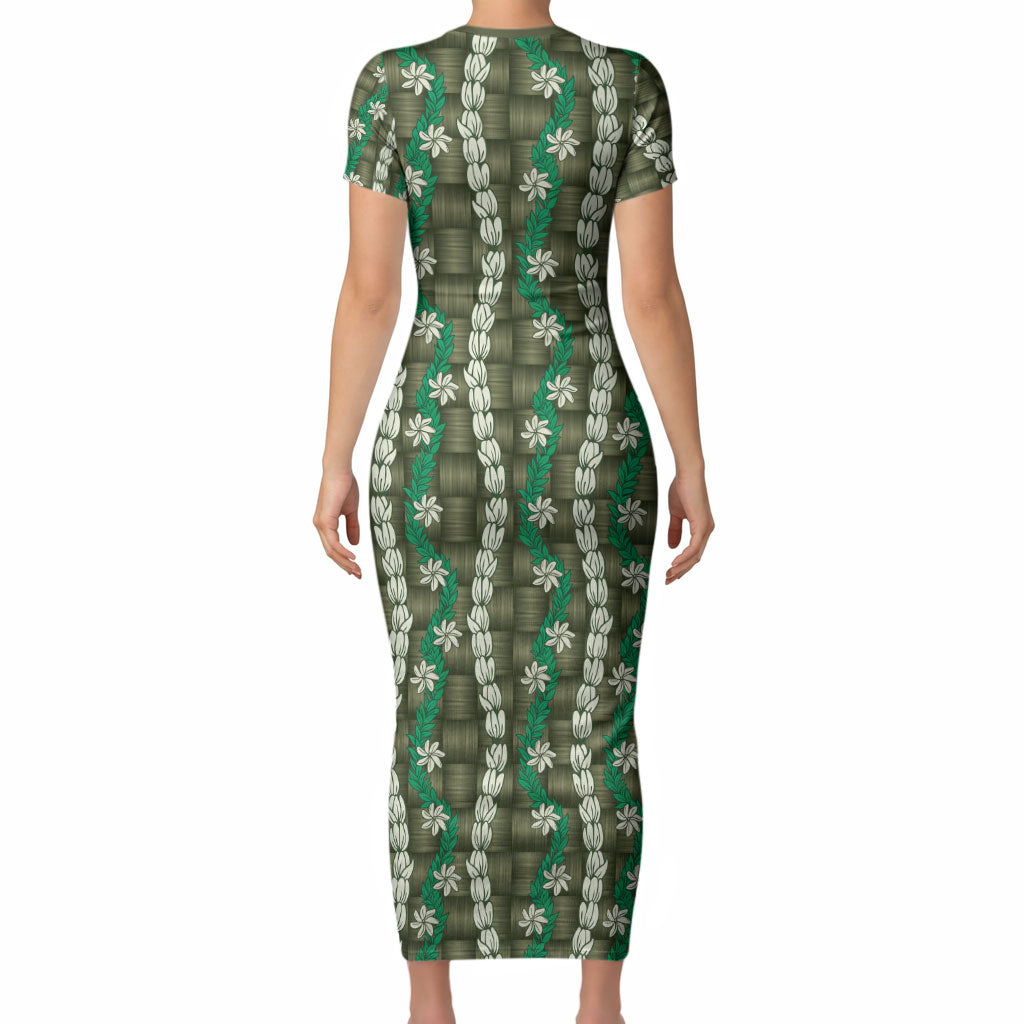 Pikake Maile Tiare Lei Short Sleeve Bodycon Dress Omaomao Lauhala Pattern LT01 - Polynesian Pride