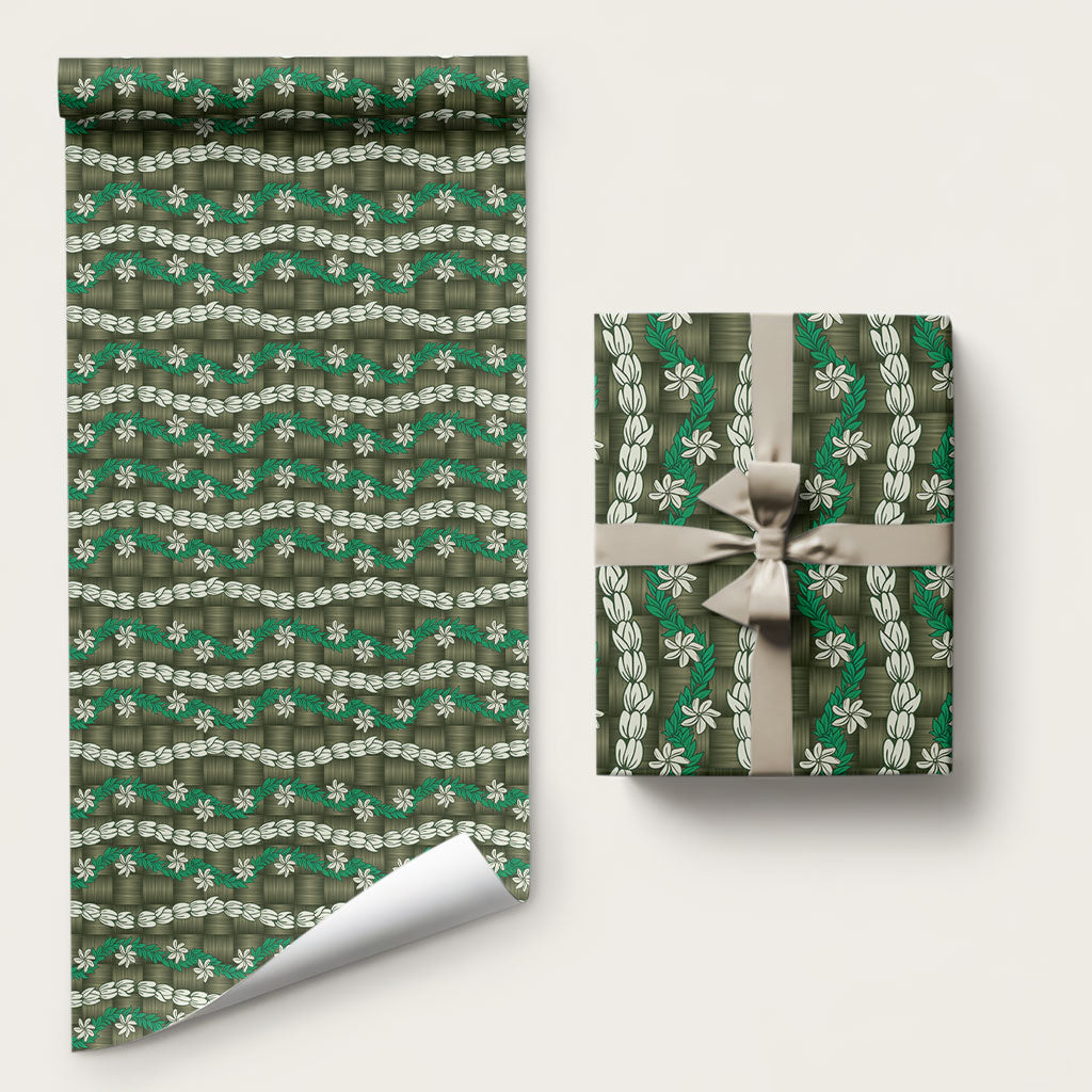 Pikake Maile Tiare Lei Wrapping Paper Omaomao Lauhala Pattern LT01 58" × 23" Green - Polynesian Pride