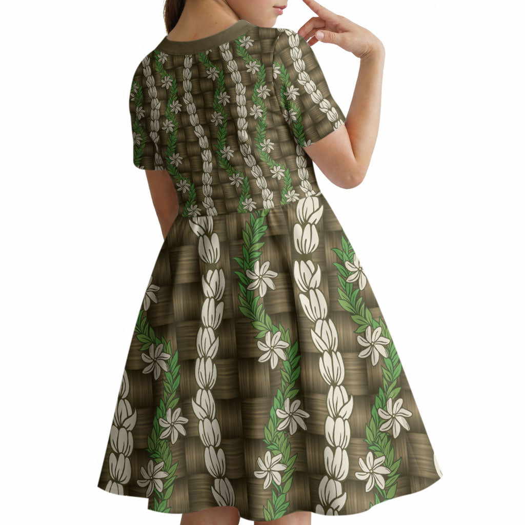 Pikake Maile Tiare Lei Kid Short Sleeve Dress Natural Lauhala Pattern LT01 - Polynesian Pride