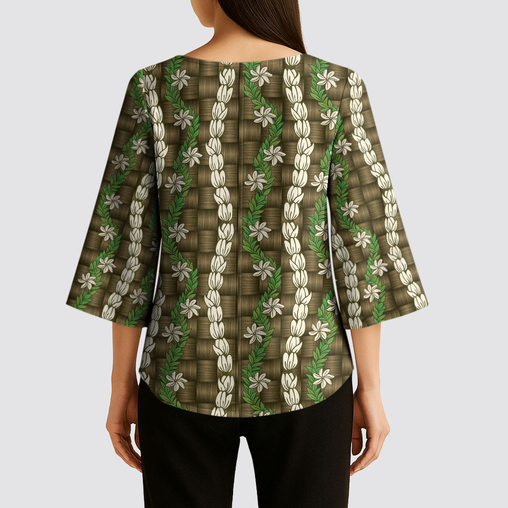 Pikake Maile Tiare Lei Kimono Sleeve Blouse Natural Lauhala Pattern LT01 - Polynesian Pride