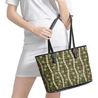 Pikake Maile Tiare Lei Leather Tote Bag Natural Lauhala Pattern LT01 - Polynesian Pride