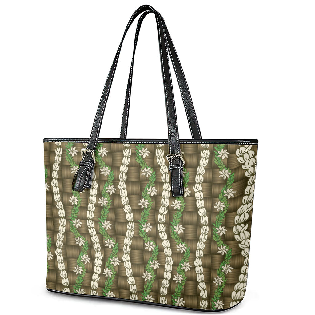Pikake Maile Tiare Lei Leather Tote Bag Natural Lauhala Pattern LT01 - Polynesian Pride