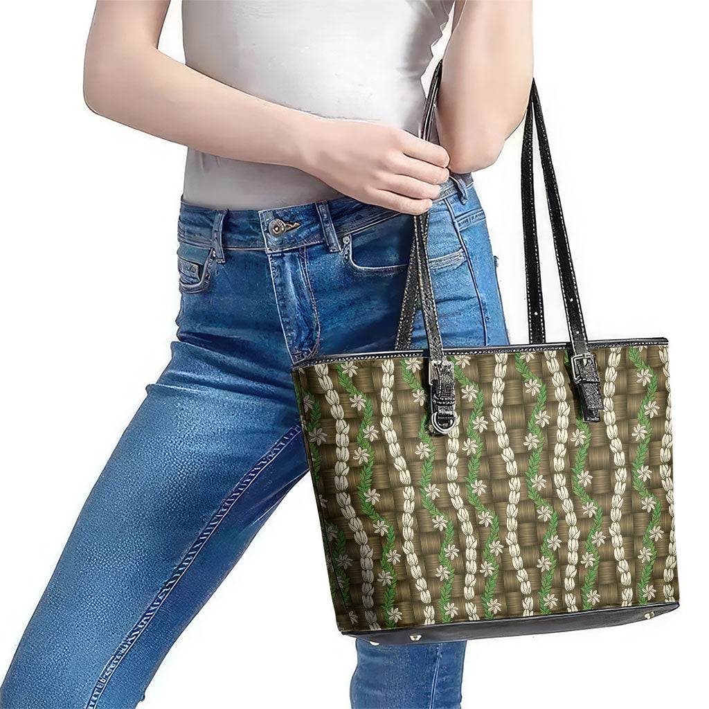 Pikake Maile Tiare Lei Leather Tote Bag Natural Lauhala Pattern LT01 - Polynesian Pride