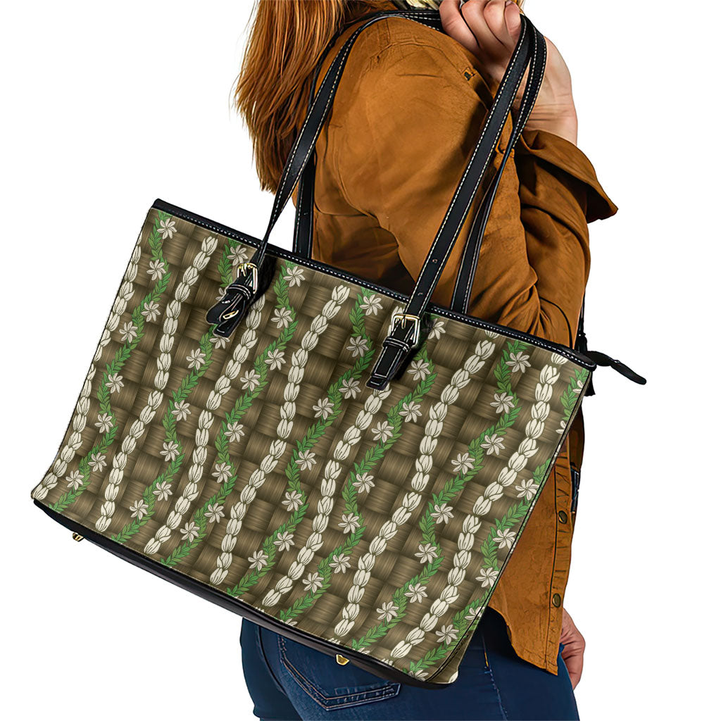 Pikake Maile Tiare Lei Leather Tote Bag Natural Lauhala Pattern LT01 - Polynesian Pride