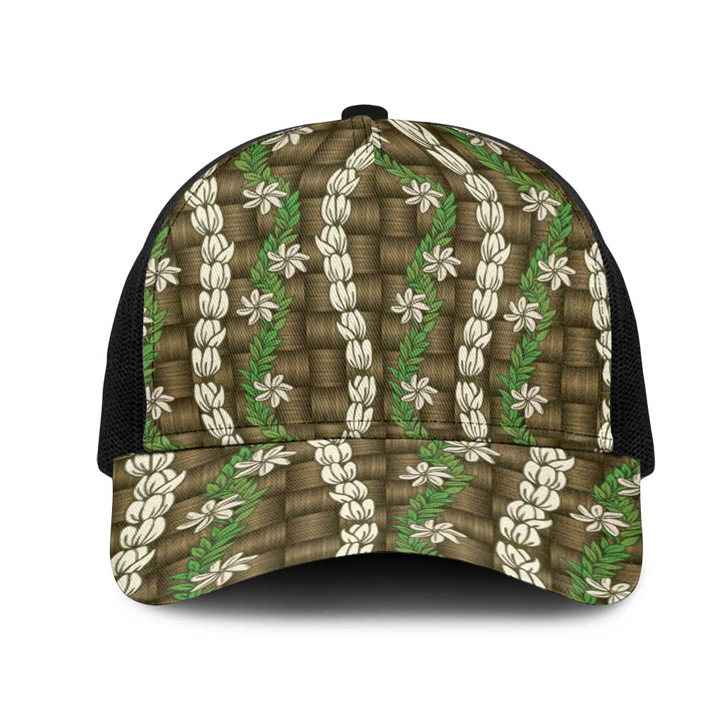 Pikake Maile Tiare Lei Mesh Trucker Cap Natural Lauhala Pattern LT01 One Size Black Brown - Polynesian Pride