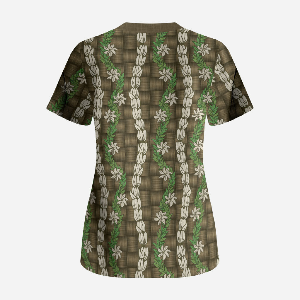 Pikake Maile Tiare Lei Scrub Top Natural Lauhala Pattern LT01 - Polynesian Pride