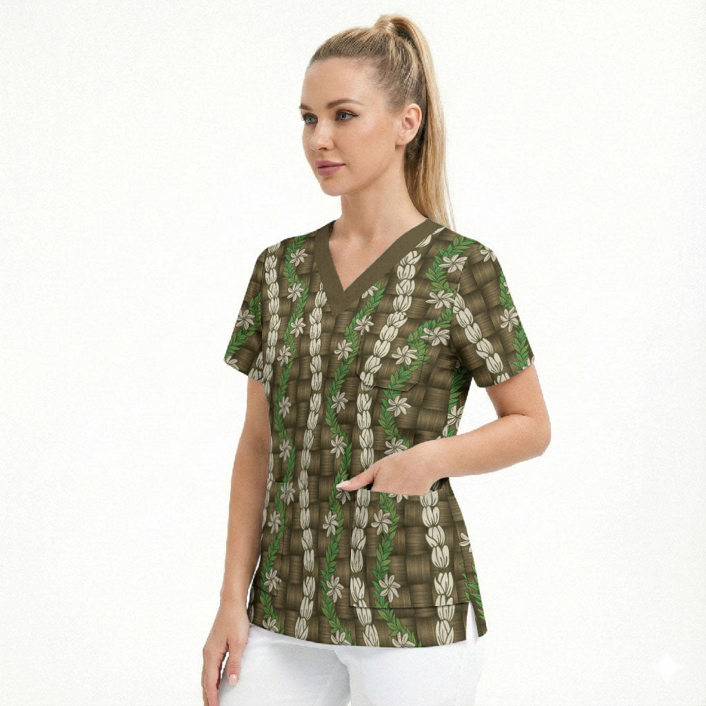Pikake Maile Tiare Lei Scrub Top Natural Lauhala Pattern LT01 - Polynesian Pride