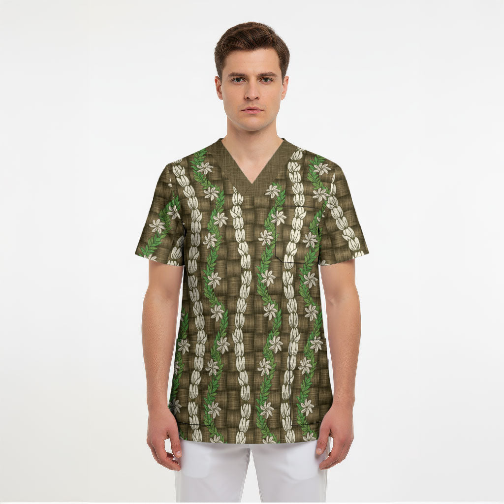 Pikake Maile Tiare Lei Scrub Top Natural Lauhala Pattern LT01 - Polynesian Pride