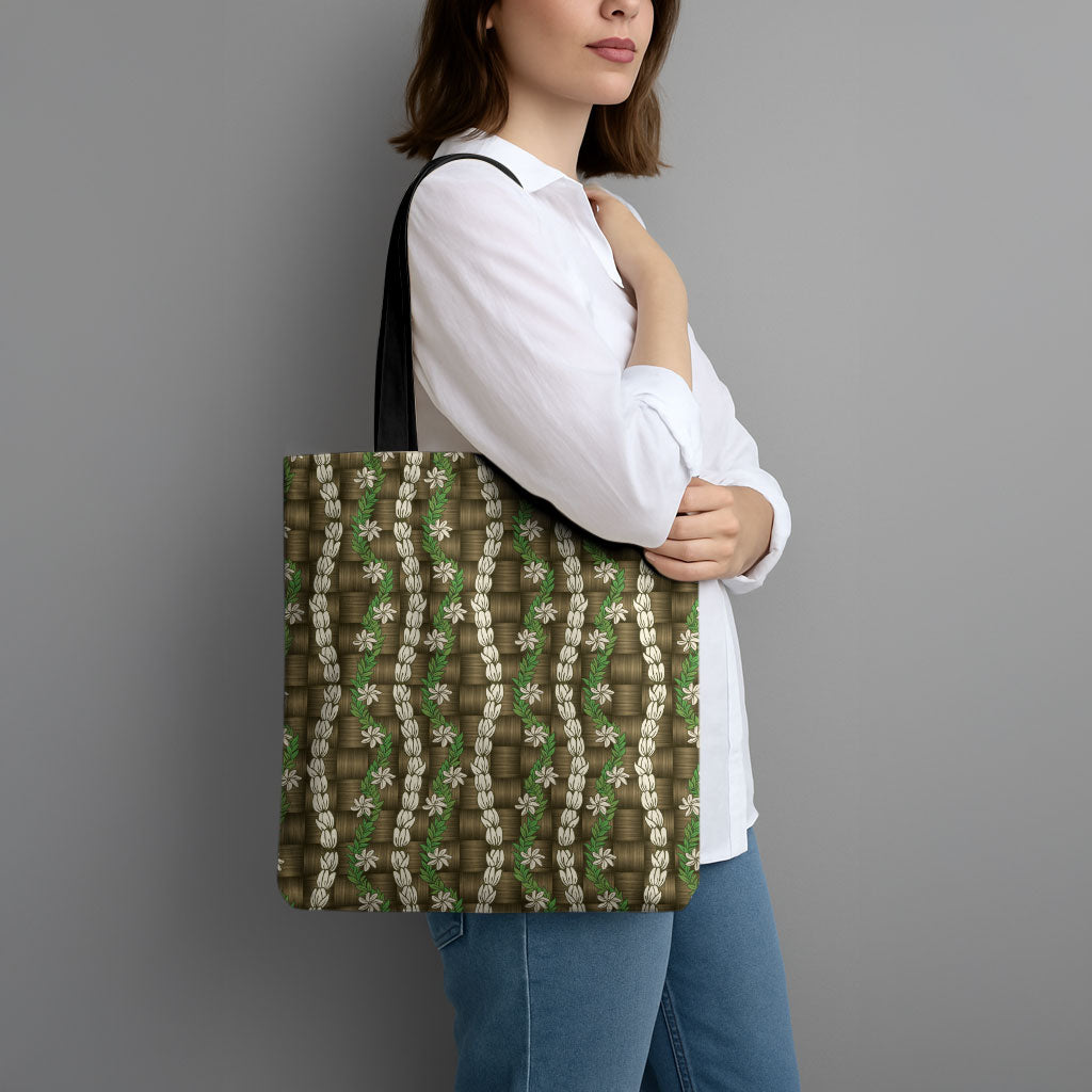 Pikake Maile Tiare Lei Tote Bag Natural Lauhala Pattern LT01 - Polynesian Pride