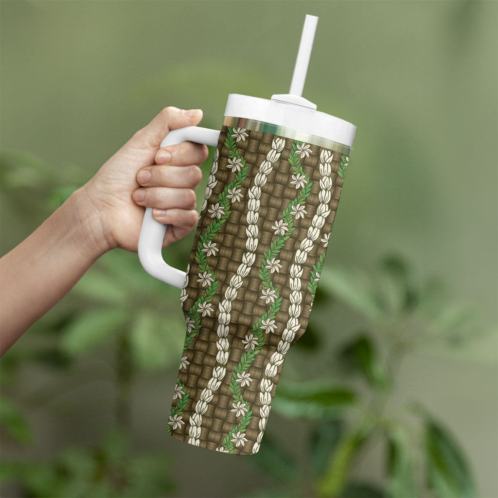 Pikake Maile Tiare Lei Tumbler With Handle Natural Lauhala Pattern LT01 - Polynesian Pride