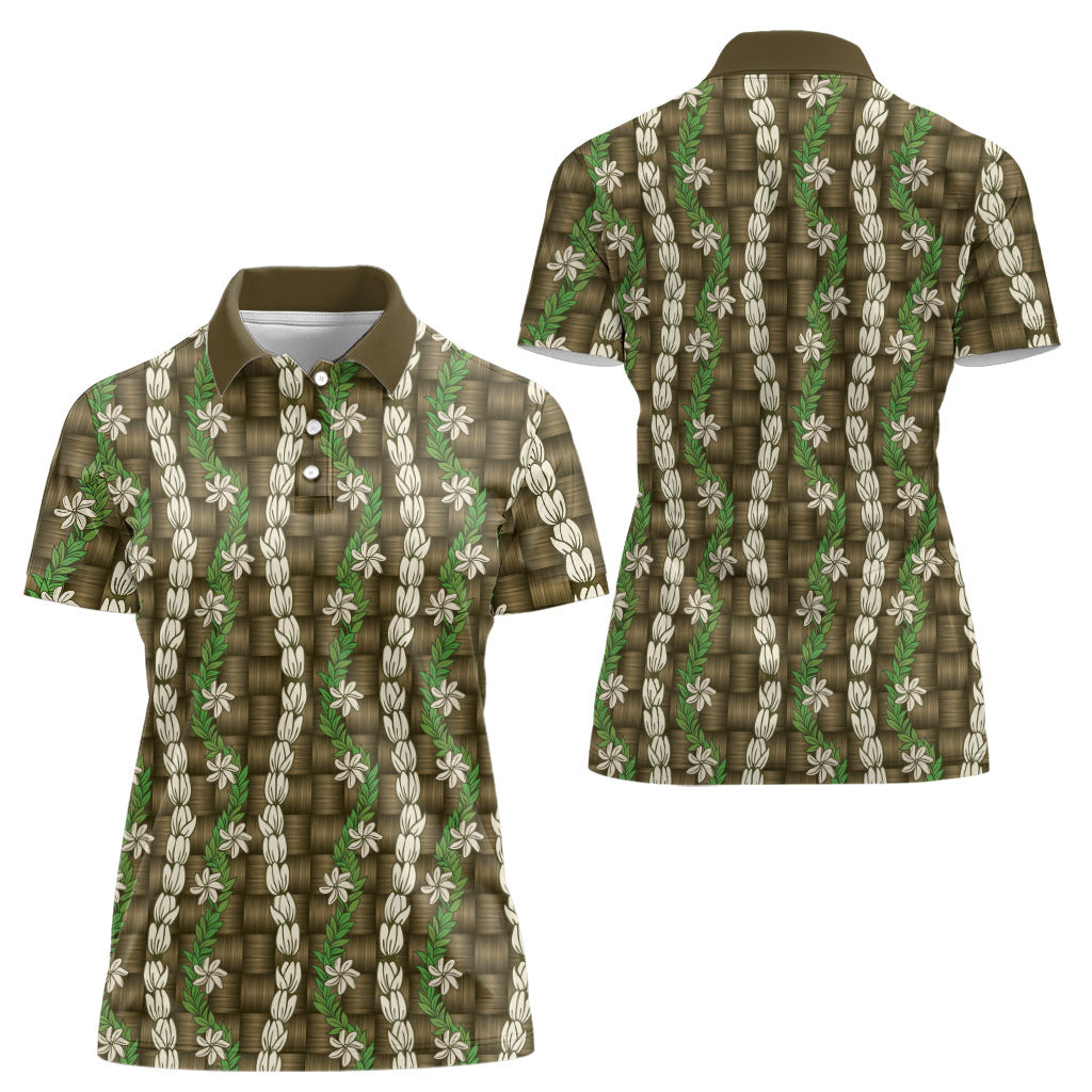Pikake Maile Tiare Lei Women Polo Shirt Natural Lauhala Pattern LT01 - Polynesian Pride