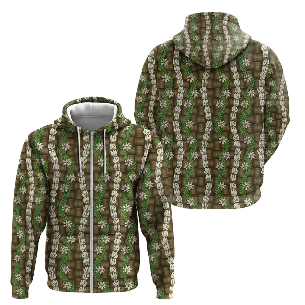 Pikake Maile Tiare Lei Zip Hoodie Natural Lauhala Pattern LT01 - Polynesian Pride