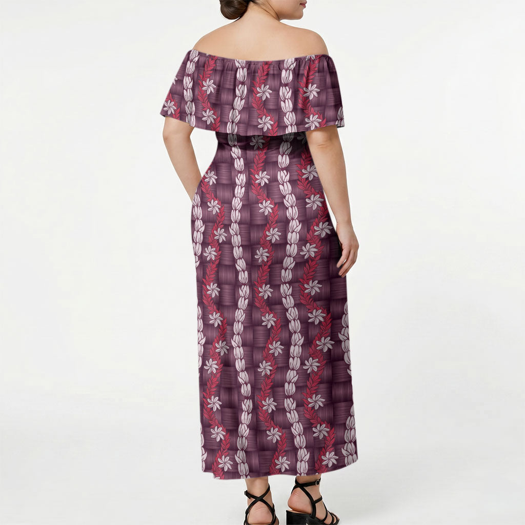 Pikake Maile Tiare Lei Off Shoulder Maxi Dress Akala Lauhala Pattern LT01 - Polynesian Pride