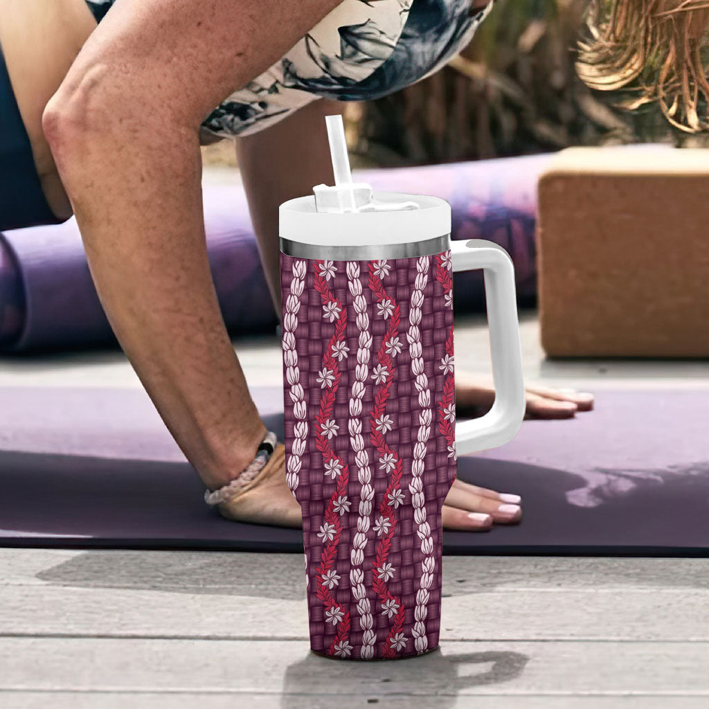 Pikake Maile Tiare Lei Tumbler With Handle Akala Lauhala Pattern LT01 - Polynesian Pride