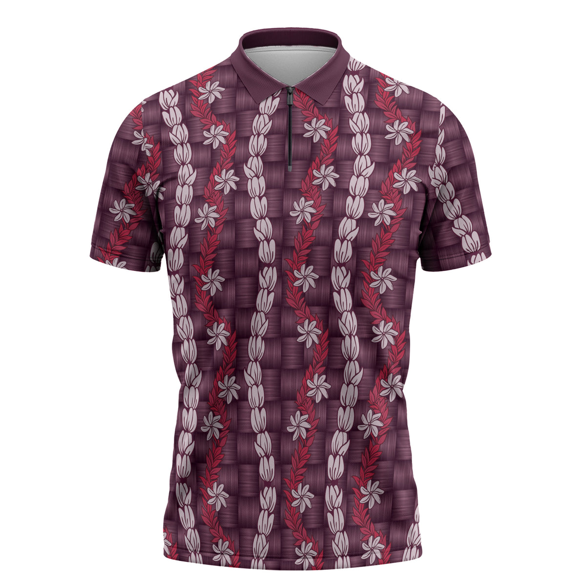 Pikake Maile Tiare Lei Zipper Polo Shirt Akala Lauhala Pattern LT01 Pink - Polynesian Pride