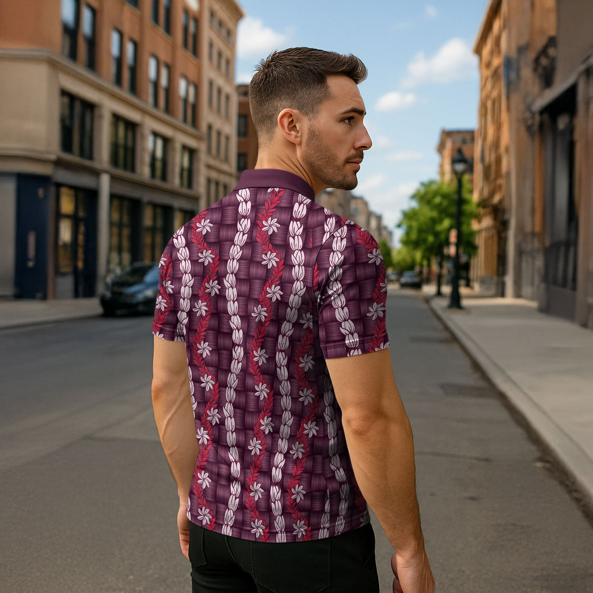 Pikake Maile Tiare Lei Zipper Polo Shirt Akala Lauhala Pattern LT01 - Polynesian Pride