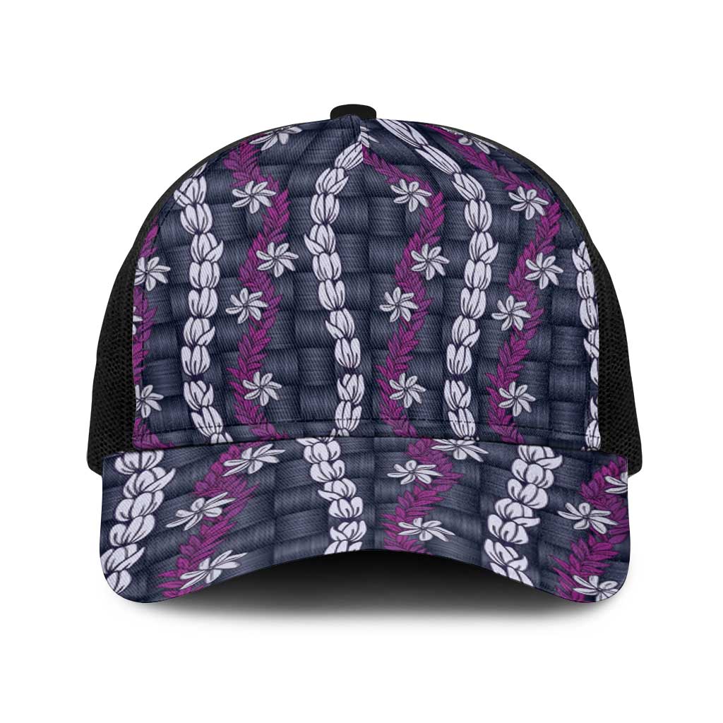 Pikake Maile Tiare Lei Baseball Net Cap Poni Lauhala Pattern LT01 One Size Black Purple - Polynesian Pride