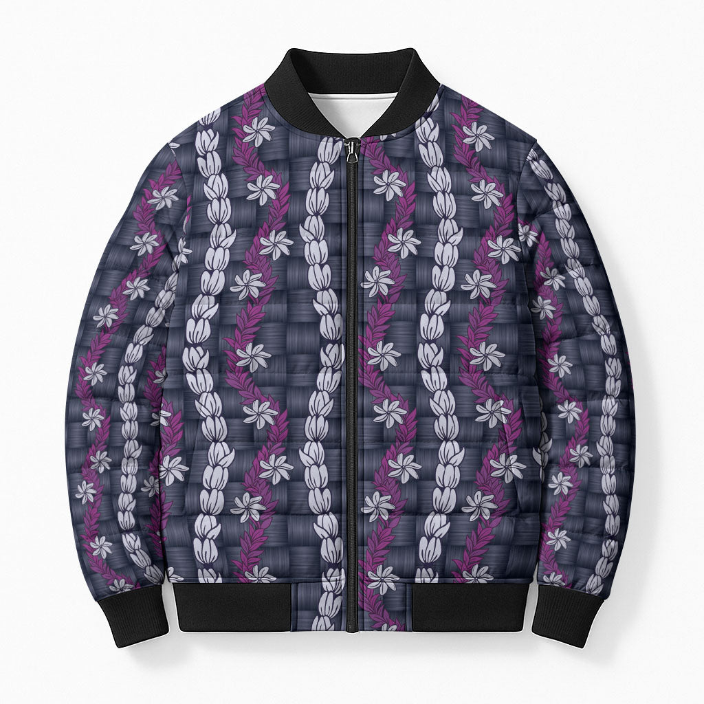 Pikake Maile Tiare Lei Bomber Puffer Jacket Poni Lauhala Pattern LT01 Unisex Purple - Polynesian Pride