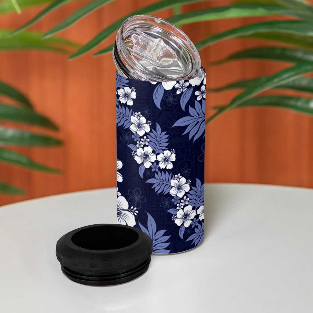 Hawaiian Hibiscus Tribal Floral Blue 4 in 1 Can Cooler Tumbler Polynesian Tapa Pattern LT01 - Polynesian Pride