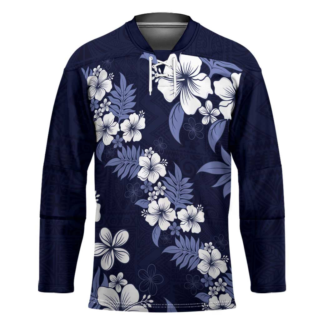Hawaiian Hibiscus Tribal Floral Blue Hockey Jersey Polynesian Tapa Pattern LT01 Unisex Blue - Polynesian Pride