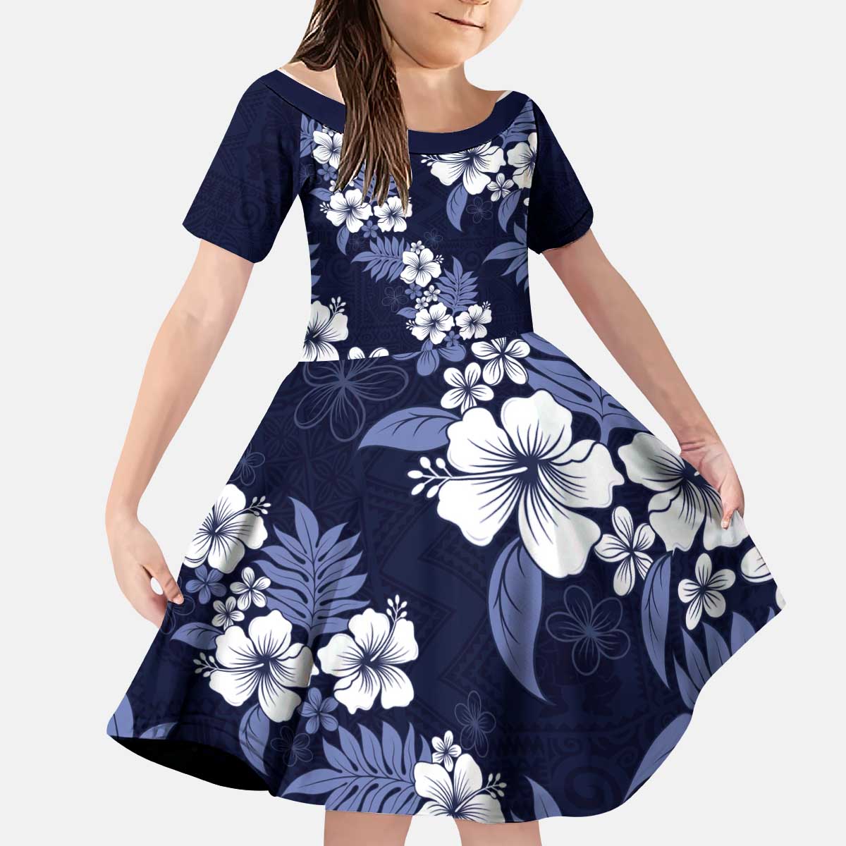 Hawaiian Hibiscus Tribal Floral Blue Kid Short Sleeve Dress Polynesian Tapa Pattern LT01 KID Blue - Polynesian Pride