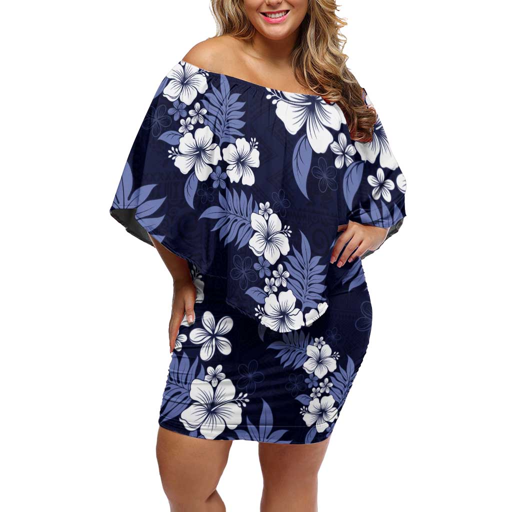 Hawaiian Hibiscus Tribal Floral Blue Off Shoulder Short Dress Polynesian Tapa Pattern LT01 Women Blue - Polynesian Pride