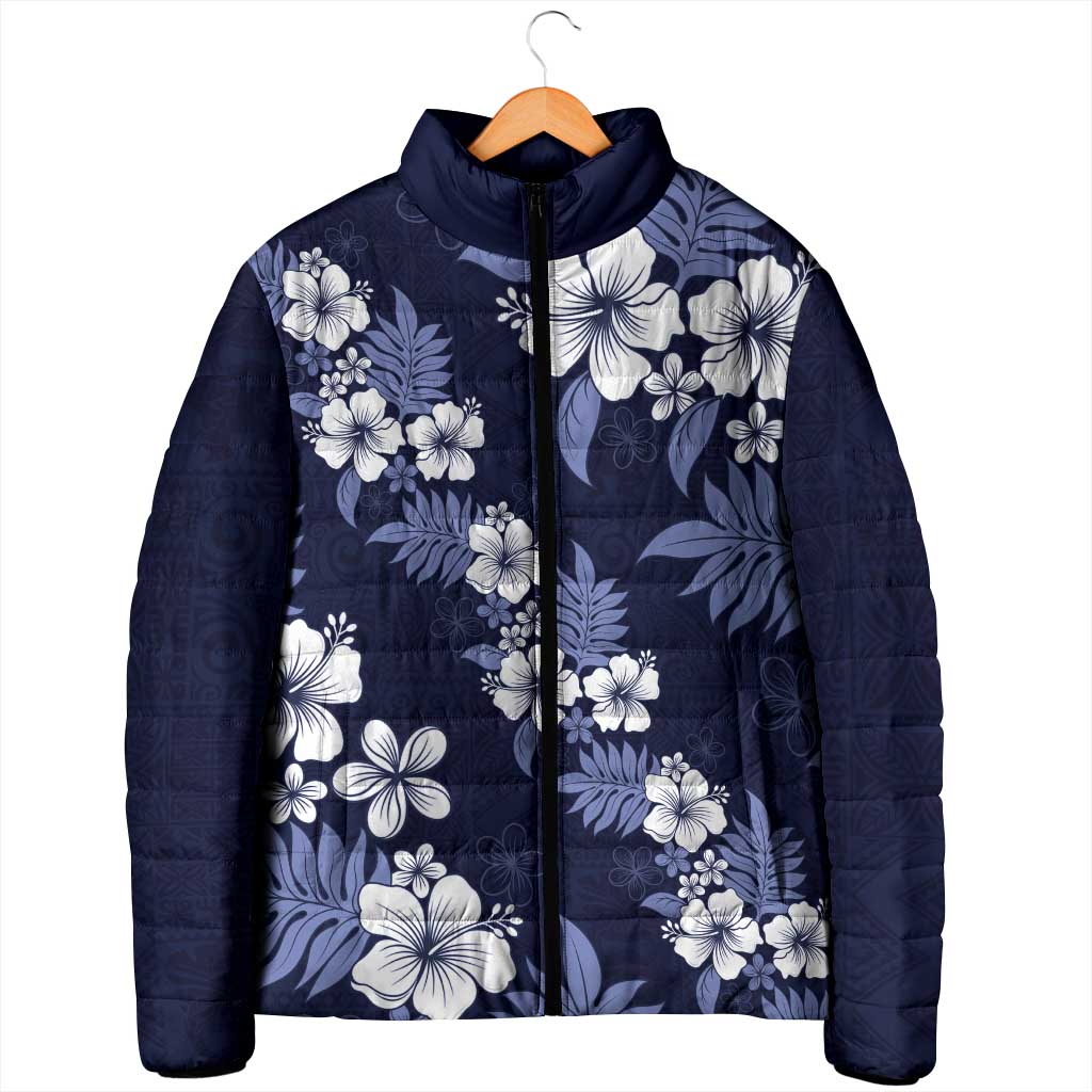 Hawaiian Hibiscus Tribal Floral Blue Padded Jacket Polynesian Tapa Pattern LT01 - Polynesian Pride