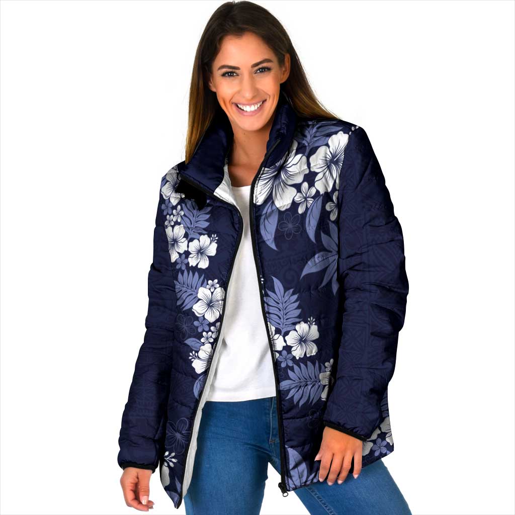Hawaiian Hibiscus Tribal Floral Blue Padded Jacket Polynesian Tapa Pattern LT01 Women Blue - Polynesian Pride