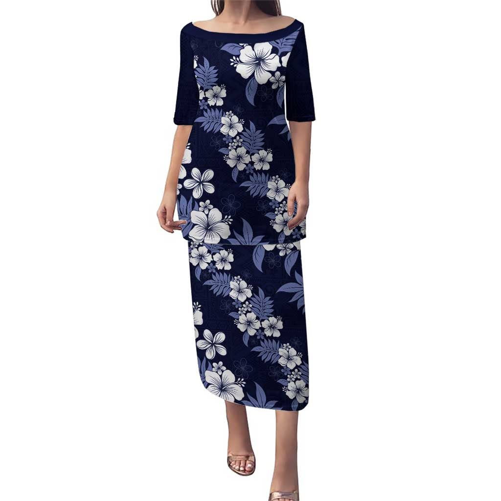Hawaiian Hibiscus Tribal Floral Blue Puletasi Polynesian Tapa Pattern LT01 Long Dress Blue - Polynesian Pride