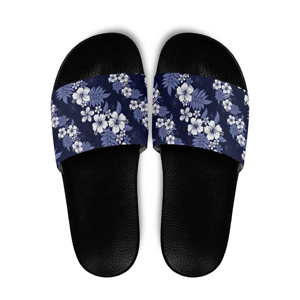 Hawaiian Hibiscus Tribal Floral Blue Slide Sandals Polynesian Tapa Pattern LT01 Blue - Polynesian Pride