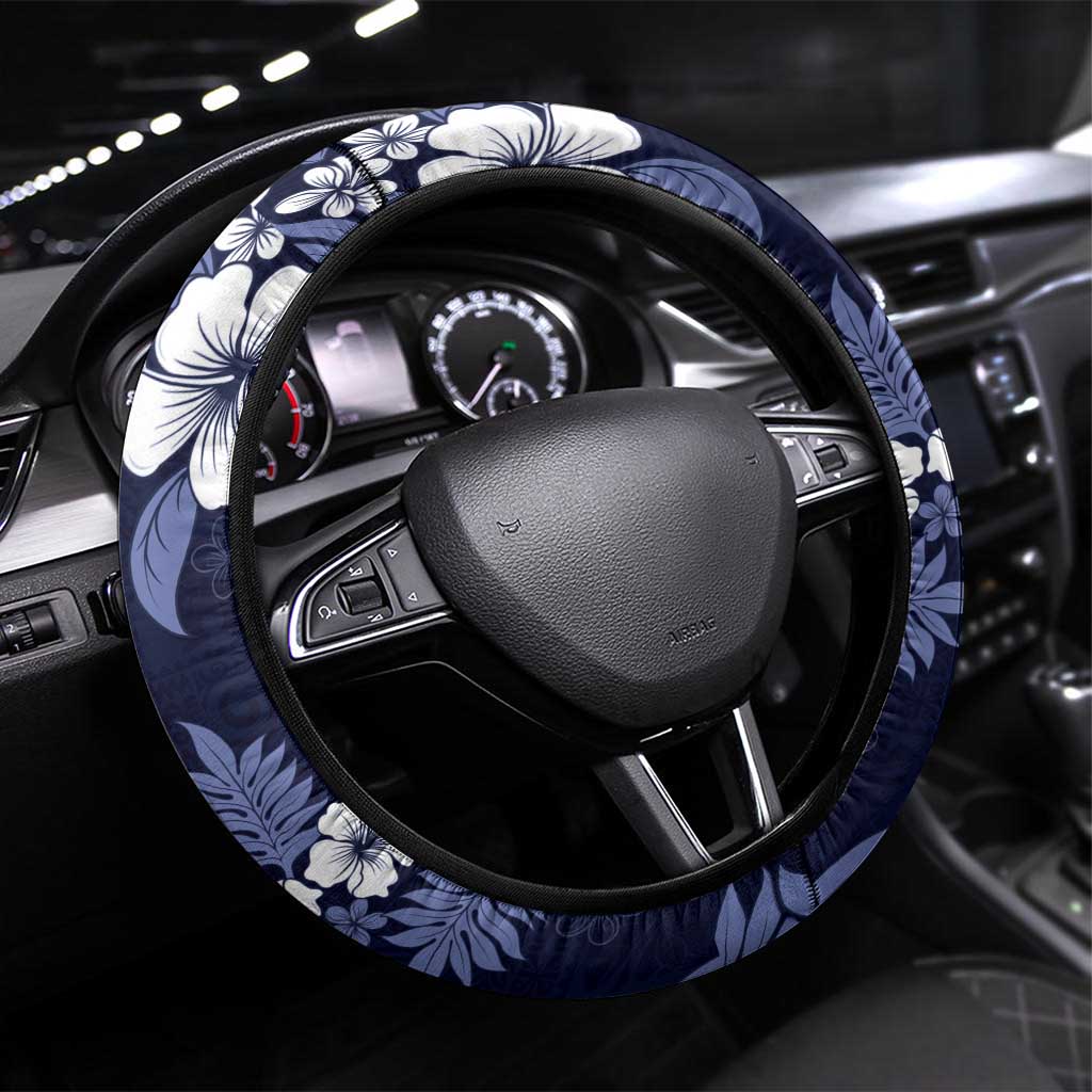 Hawaiian Hibiscus Tribal Floral Blue Steering Wheel Cover Polynesian Tapa Pattern LT01 Universal Fit Blue - Polynesian Pride
