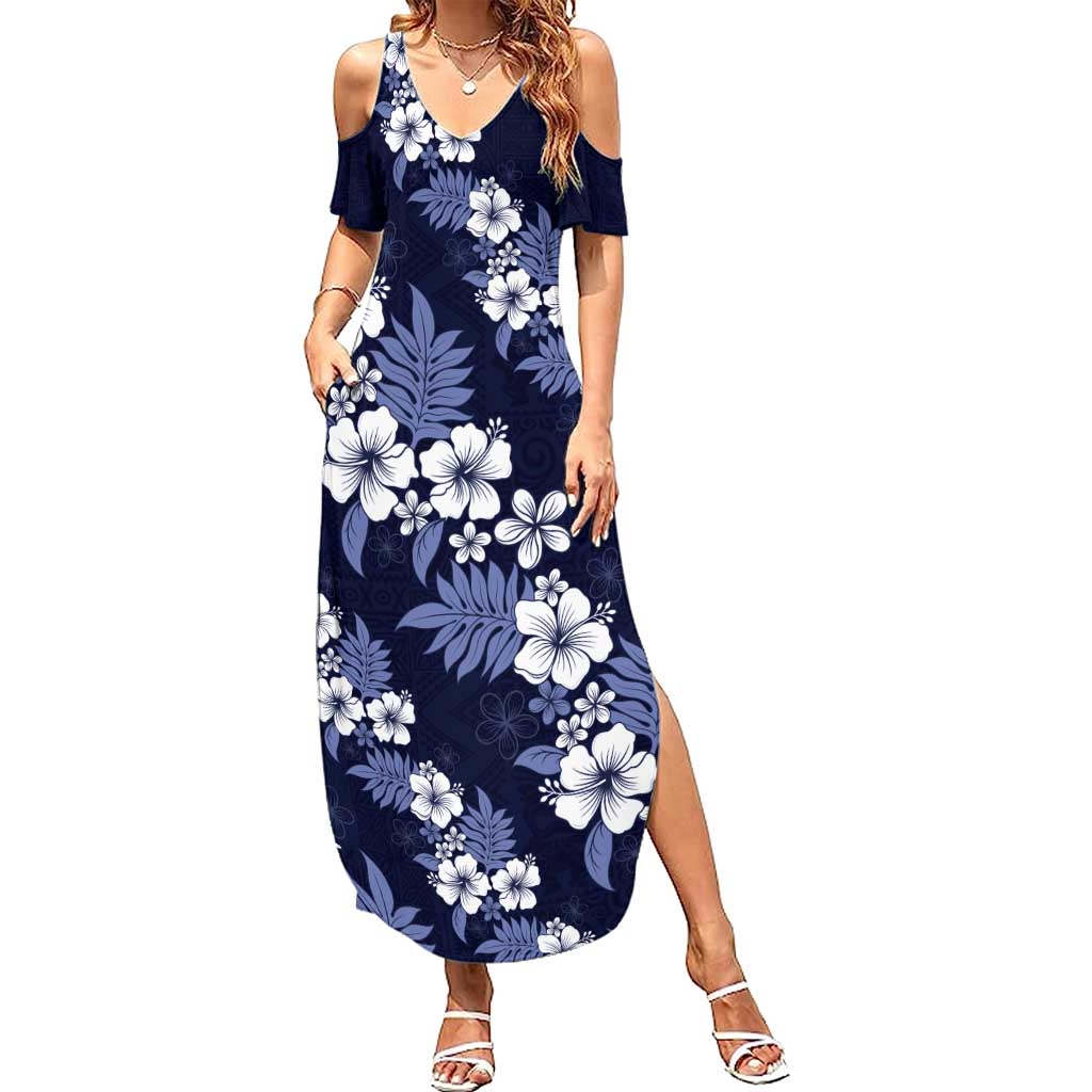Hawaiian Hibiscus Tribal Floral Blue Summer Maxi Dress Polynesian Tapa Pattern LT01 Women Blue - Polynesian Pride