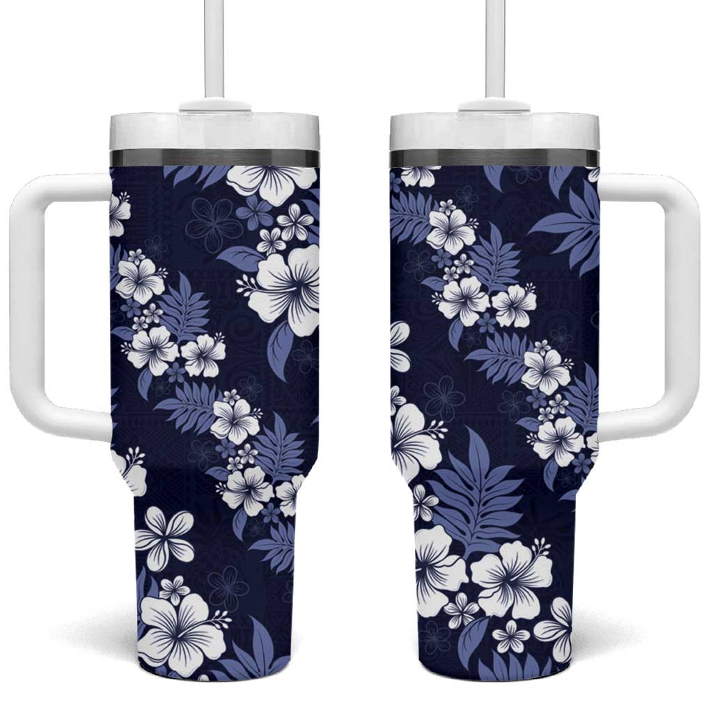 Hawaiian Hibiscus Tribal Floral Blue Tumbler With Handle Polynesian Tapa Pattern LT01 One Size: 40 oz Blue - Polynesian Pride