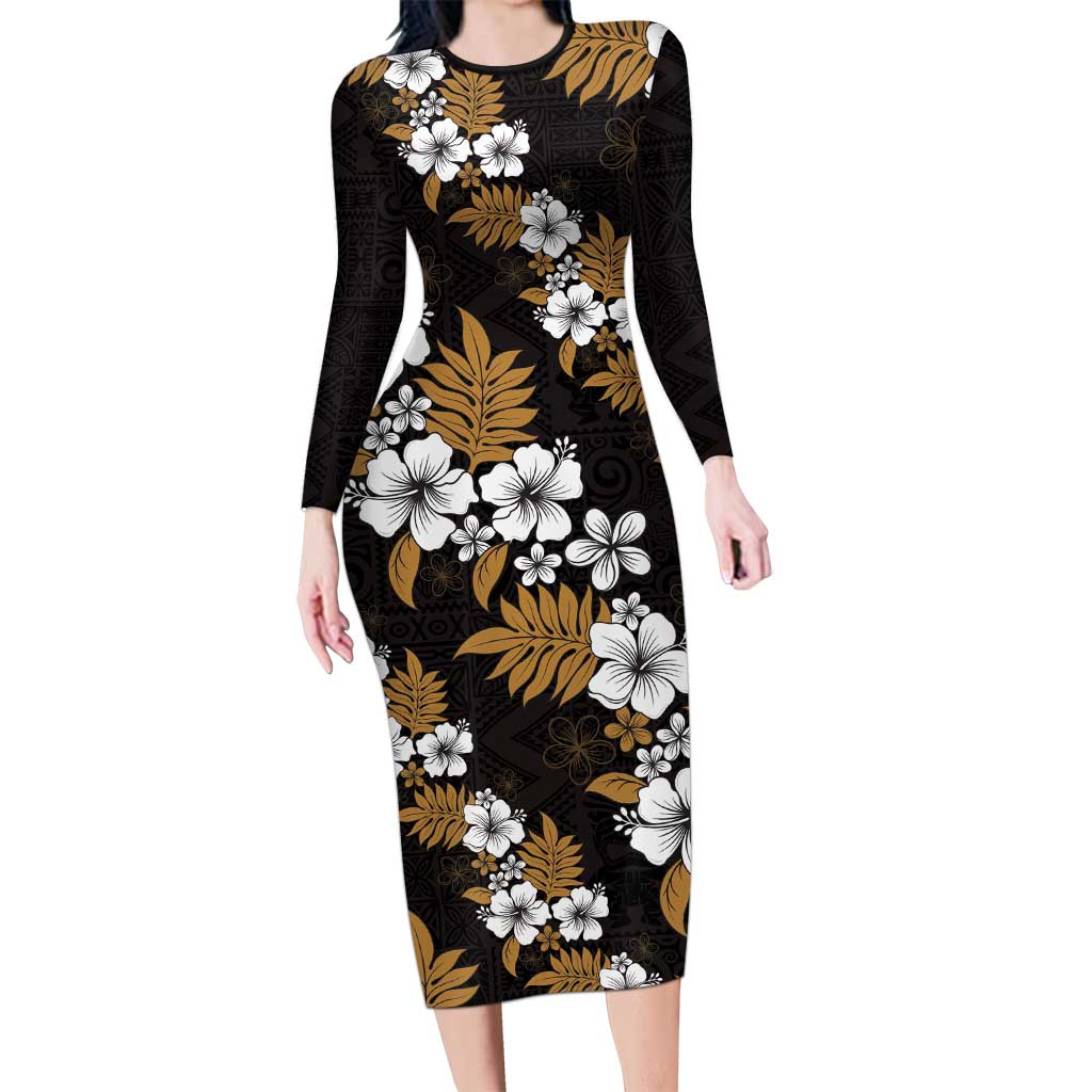 Hawaiian Hibiscus Tribal Floral Brown Long Sleeve Bodycon Dress Polynesian Tapa Pattern LT01 Long Dress Brown - Polynesian Pride