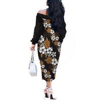 Hawaiian Hibiscus Tribal Floral Brown Off The Shoulder Long Sleeve Dress Polynesian Tapa Pattern LT01 - Polynesian Pride
