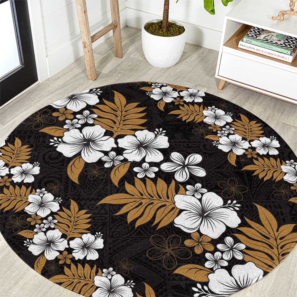 Hawaiian Hibiscus Tribal Floral Brown Round Carpet Polynesian Tapa Pattern LT01 Brown - Polynesian Pride