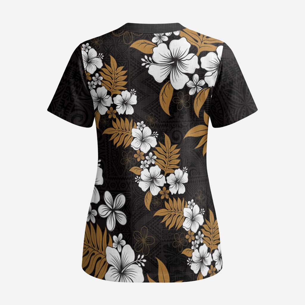 Hawaiian Hibiscus Tribal Floral Brown Scrub Top Polynesian Tapa Pattern LT01 - Polynesian Pride