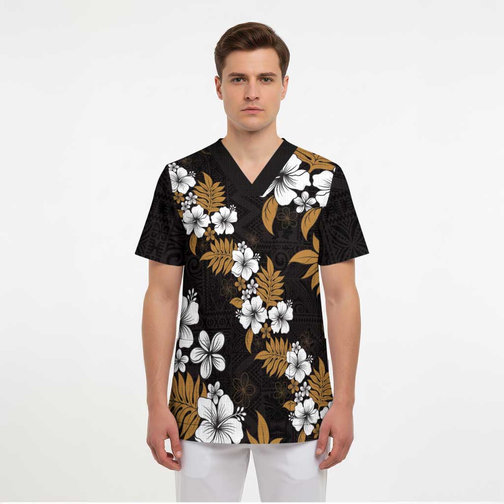 Hawaiian Hibiscus Tribal Floral Brown Scrub Top Polynesian Tapa Pattern LT01 - Polynesian Pride