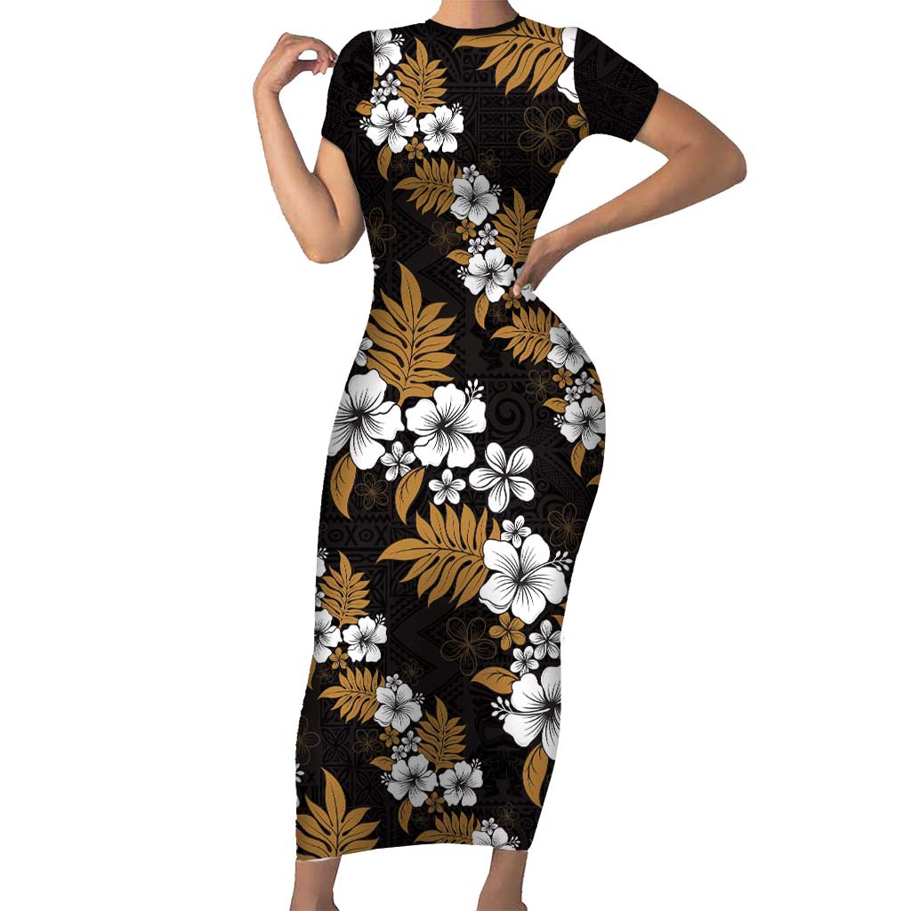 Hawaiian Hibiscus Tribal Floral Brown Short Sleeve Bodycon Dress Polynesian Tapa Pattern LT01 Long Dress Brown - Polynesian Pride