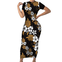 Hawaiian Hibiscus Tribal Floral Brown Short Sleeve Bodycon Dress Polynesian Tapa Pattern LT01 Long Dress Brown - Polynesian Pride