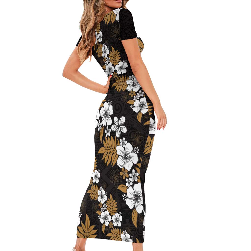 Hawaiian Hibiscus Tribal Floral Brown Short Sleeve Bodycon Dress Polynesian Tapa Pattern LT01 - Polynesian Pride