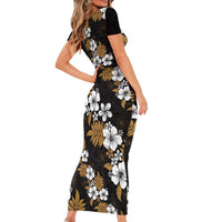 Hawaiian Hibiscus Tribal Floral Brown Short Sleeve Bodycon Dress Polynesian Tapa Pattern LT01 - Polynesian Pride