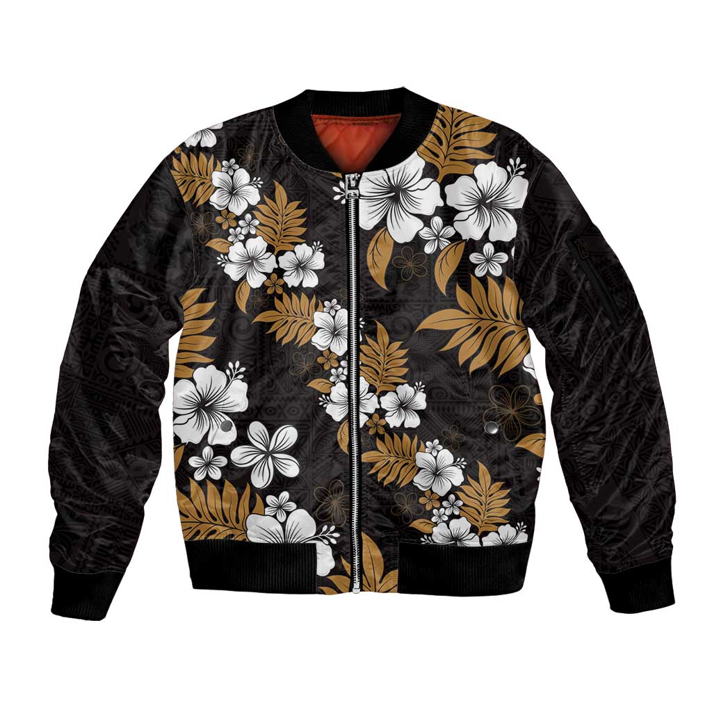 Hawaiian Hibiscus Tribal Floral Brown Sleeve Zip Bomber Jacket Polynesian Tapa Pattern LT01 Unisex Brown - Polynesian Pride