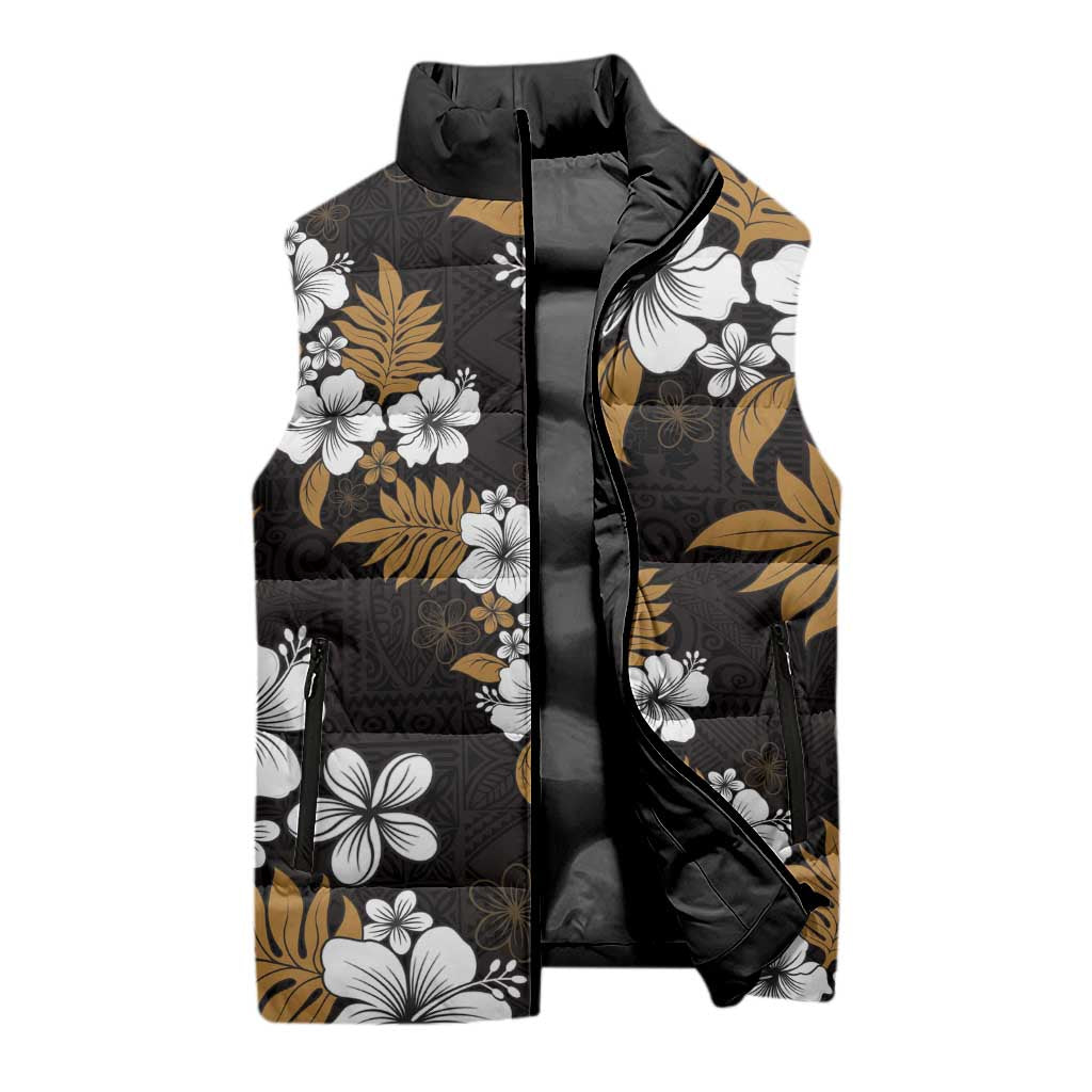 Hawaiian Hibiscus Tribal Floral Brown Sleeveless Puffer Jacket Polynesian Tapa Pattern LT01 - Polynesian Pride
