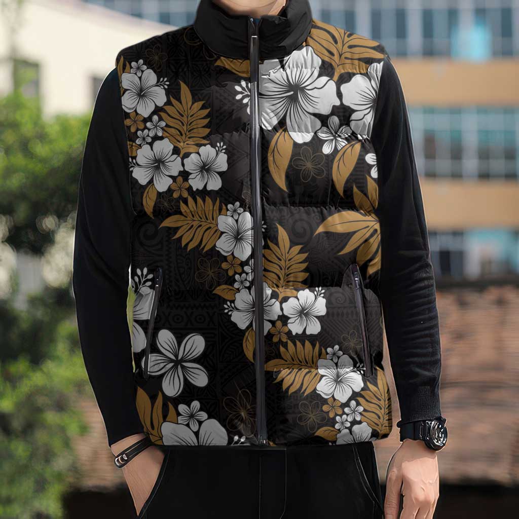 Hawaiian Hibiscus Tribal Floral Brown Sleeveless Puffer Jacket Polynesian Tapa Pattern LT01 - Polynesian Pride