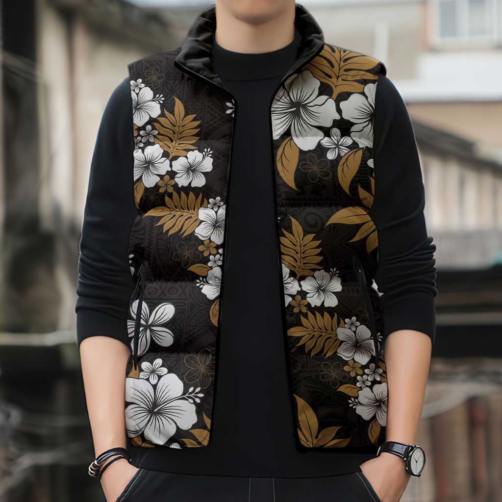Hawaiian Hibiscus Tribal Floral Brown Sleeveless Puffer Jacket Polynesian Tapa Pattern LT01 - Polynesian Pride