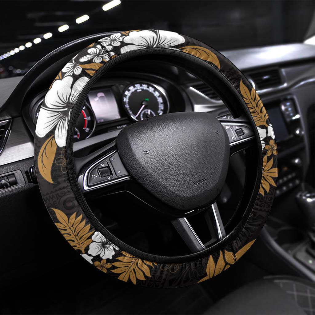 Hawaiian Hibiscus Tribal Floral Brown Steering Wheel Cover Polynesian Tapa Pattern LT01 Universal Fit Brown - Polynesian Pride