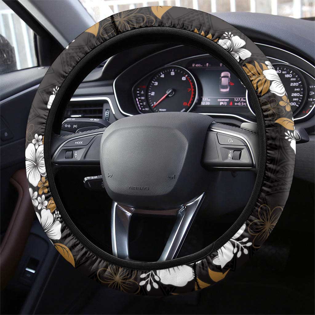 Hawaiian Hibiscus Tribal Floral Brown Steering Wheel Cover Polynesian Tapa Pattern LT01 - Polynesian Pride