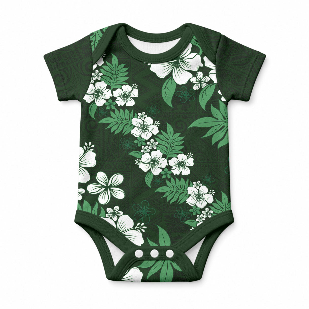 Hawaiian Hibiscus Tribal Floral Green Baby Onesie Polynesian Tapa Pattern