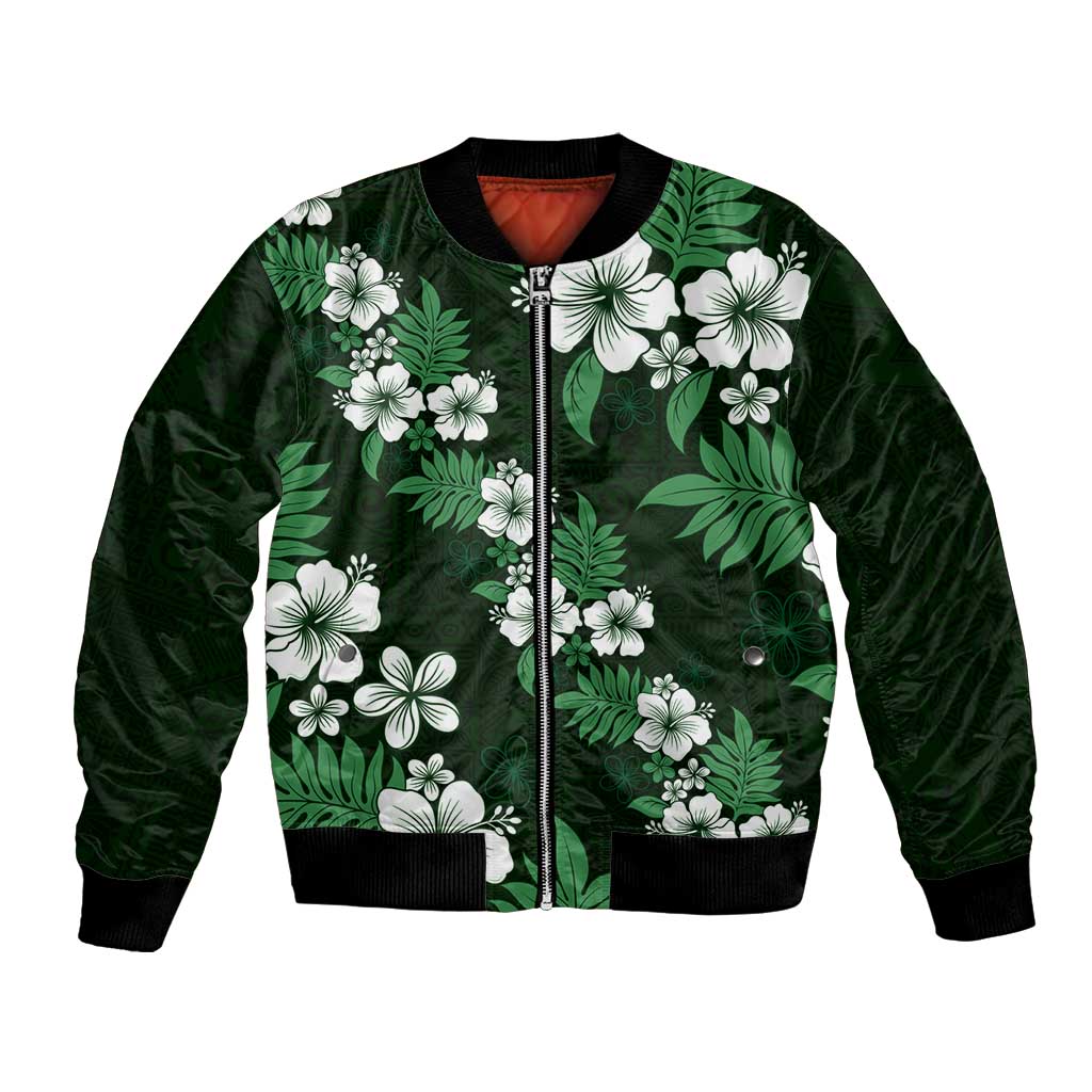Hawaiian Hibiscus Tribal Floral Green Bomber Jacket Polynesian Tapa Pattern LT01 Unisex Green - Polynesian Pride